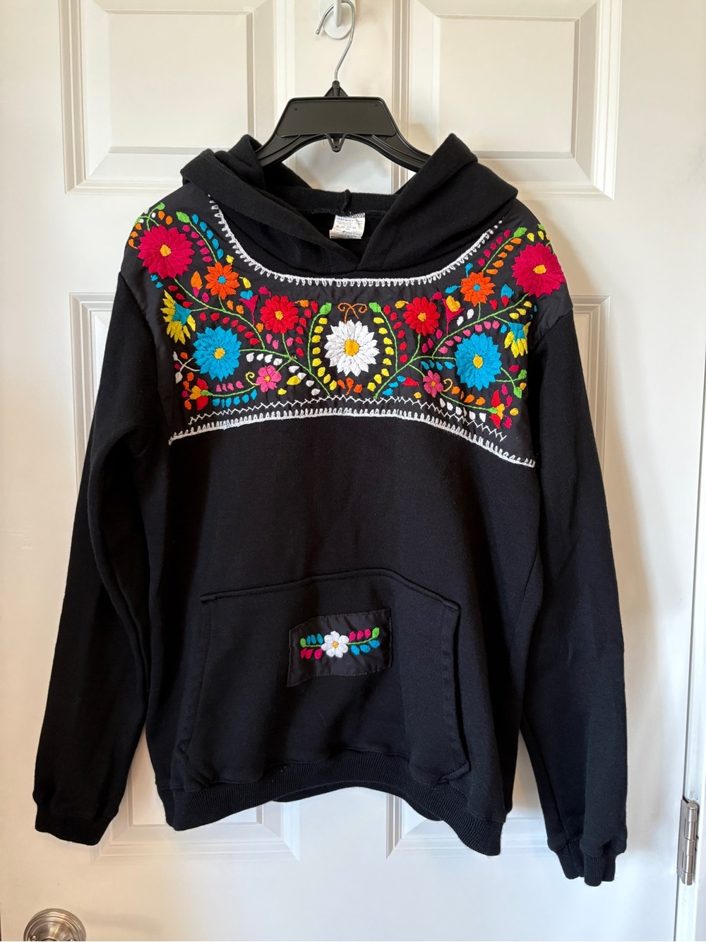 Black Embroidered Mexican Floral Hoodie Sweatshirt